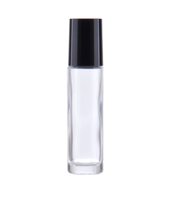 Roll on 10 ml clear glass, metal silver ball, black PP cap