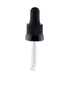 Dropper DIN 18– 62 mm glass pipette, black bulb and tamper-evident cap